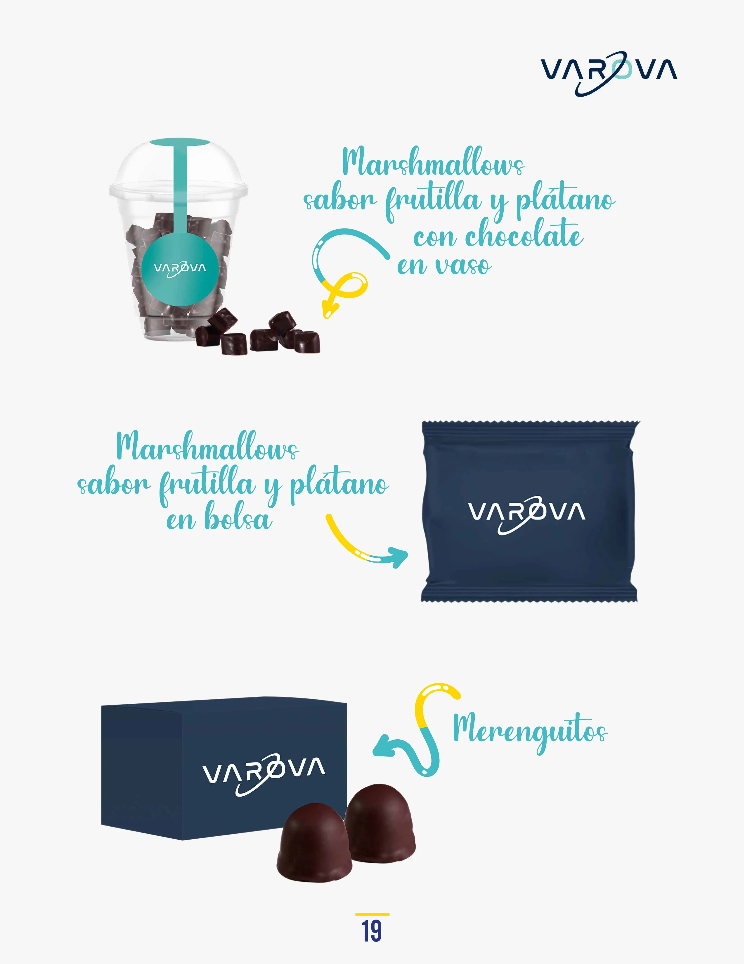 Catálogo de Productos Varova marshmallows sabor platano frutilla vaso bolsa personalizados corporativos